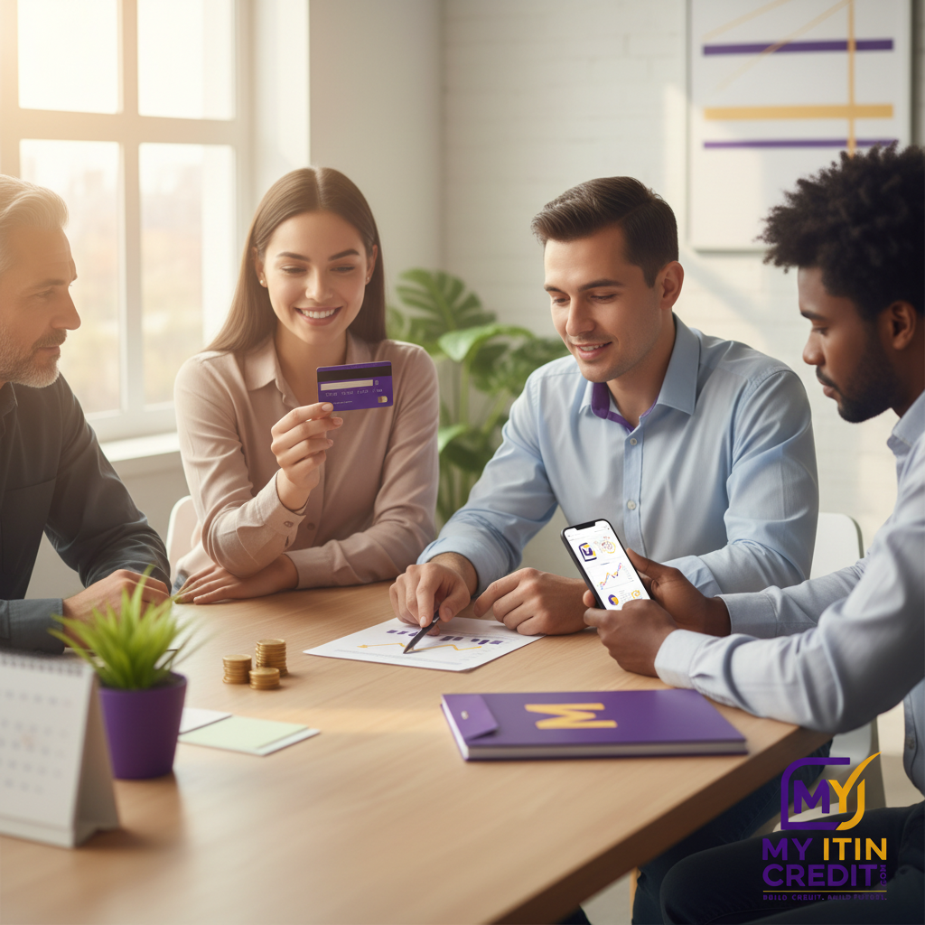 A diverse group of smiling individuals, including an immigrant family and an ITIN holder, confidently holding credit cards and documents, symbolizing financial inclusion and improved credit card approval odds.