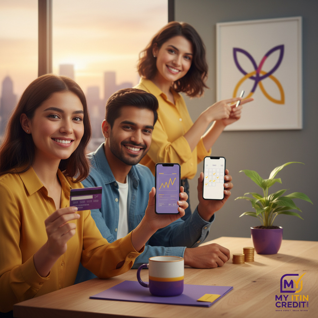 Diverse group of happy people, including immigrants and ITIN holders, confidently holding credit cards and looking at their phones with a sense of financial empowerment through ITIN credit cards, against a modern city backdrop.
