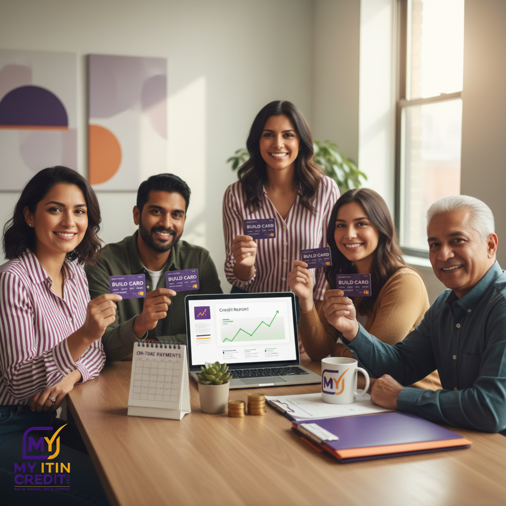 A diverse group of immigrants and ITIN holders, smiling and confidently holding secured credit cards, showing financial empowerment and a path to credit building in the US.