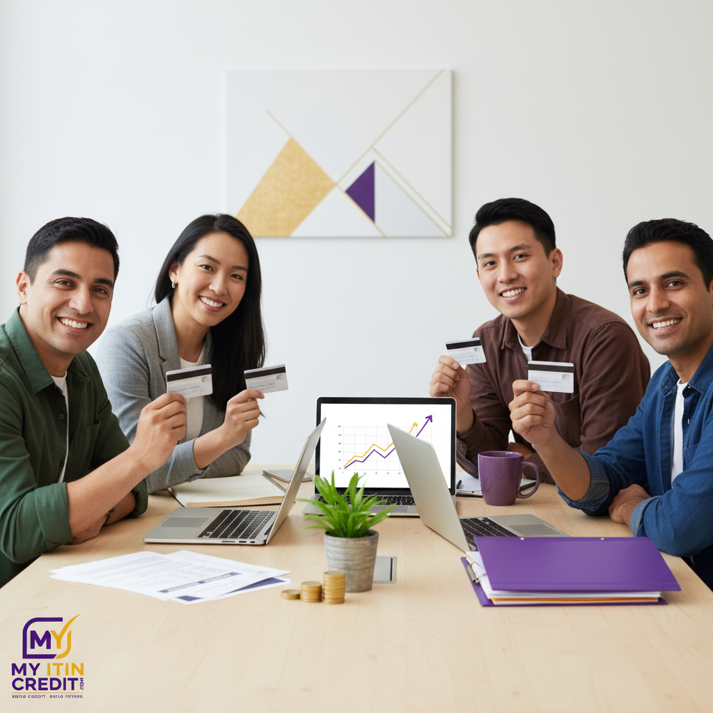 A diverse group of smiling people, including immigrants and ITIN holders, confidently holding various credit cards, signifying financial access and approval from banks.